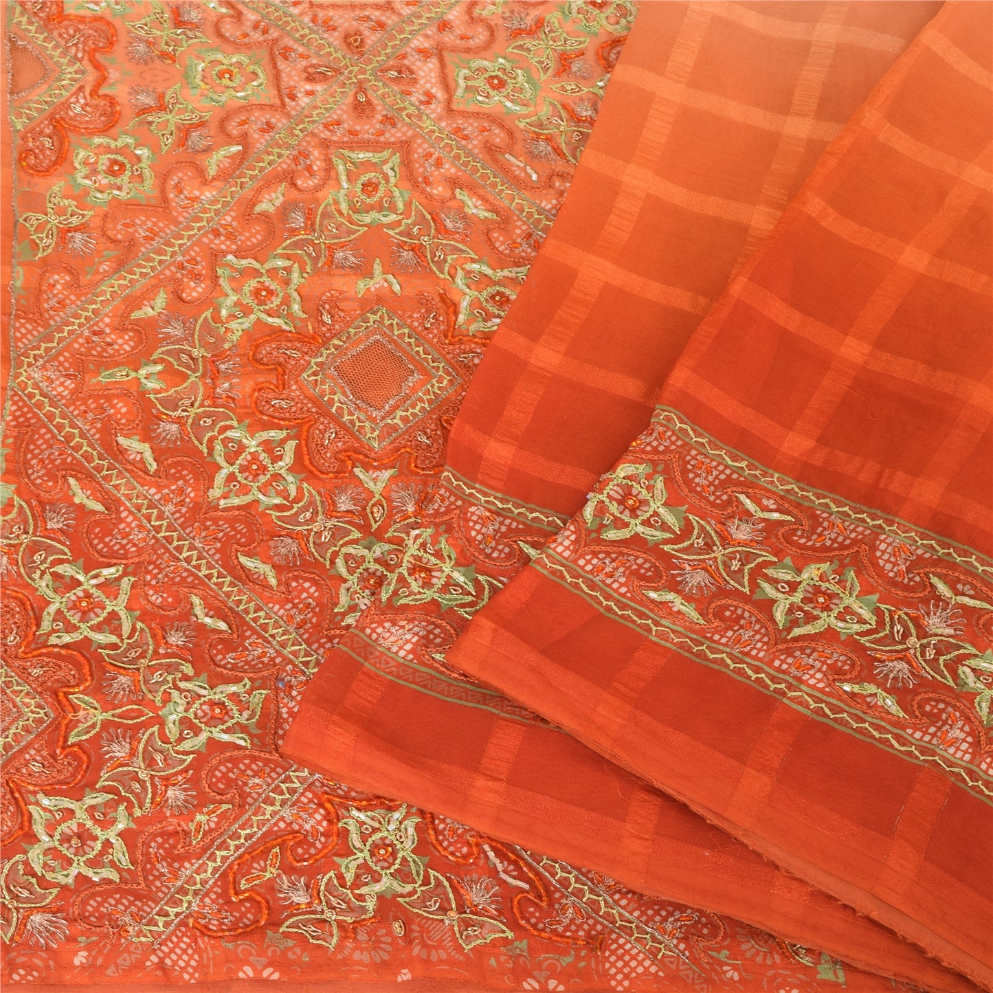 Sanskriti Vintage Indian Sarees Georgette Hand Beaded Craft Fabric Cultural Sari