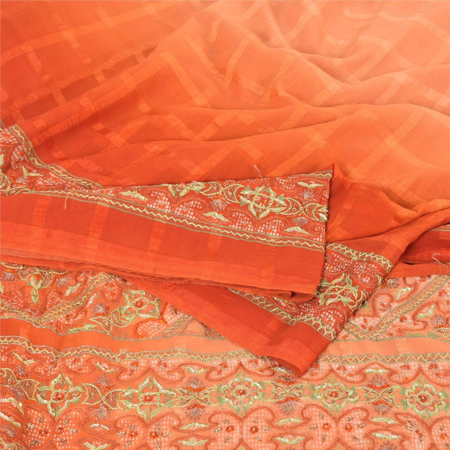 Sanskriti Vintage Indian Sarees Georgette Hand Beaded Craft Fabric Cultural Sari