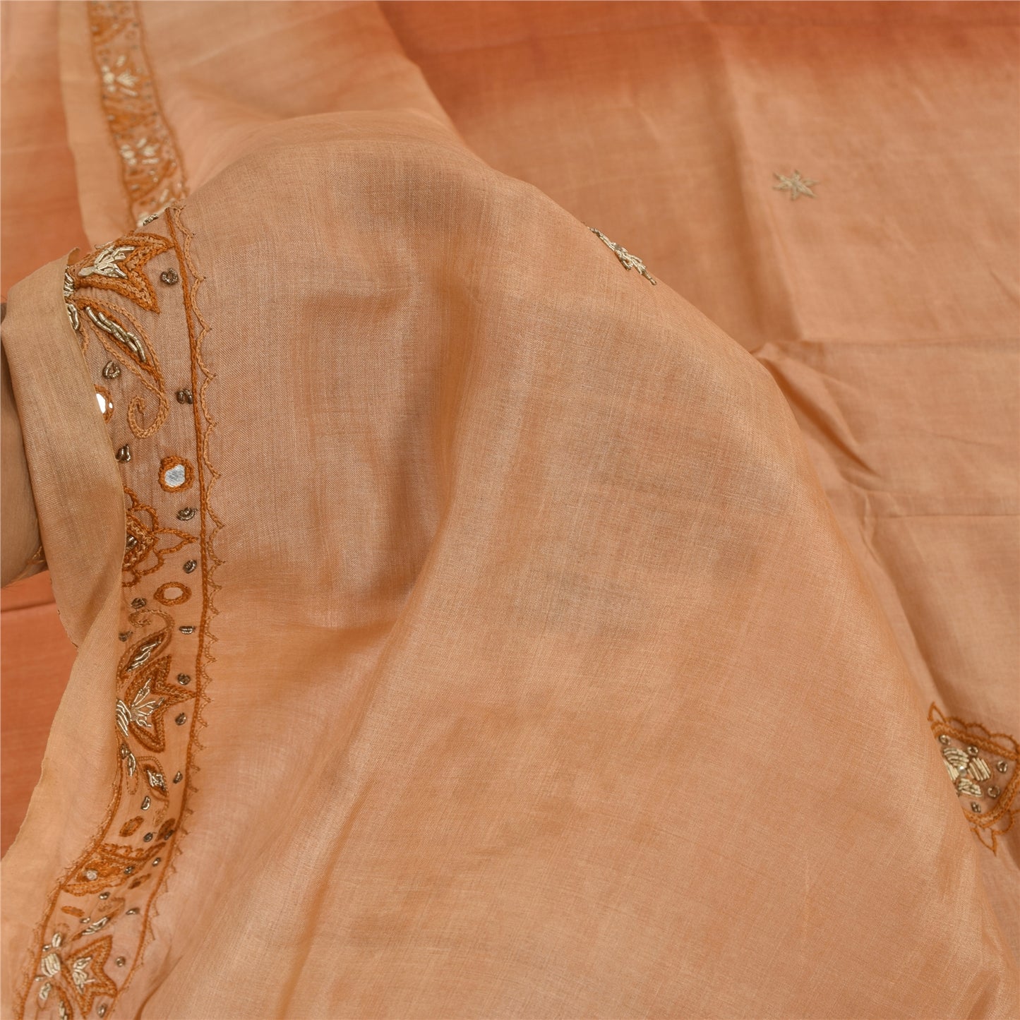 Sanskriti Vintage Peach Sarees Pure Silk Hand Beaded Premium Sari Craft Fabric
