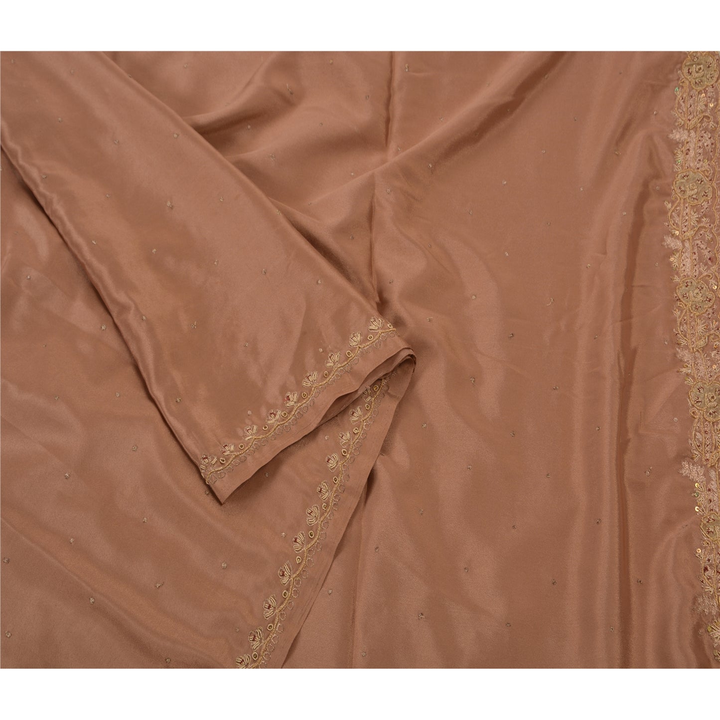 Vintage Brown Saree Art Silk Hand Beaded Craft 5 YD Fabric Premium Sari