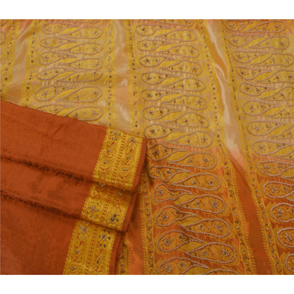 Vintage Orange Saree Art Silk Hand Beaded Craft 5 YD Fabric Ethnic Sari