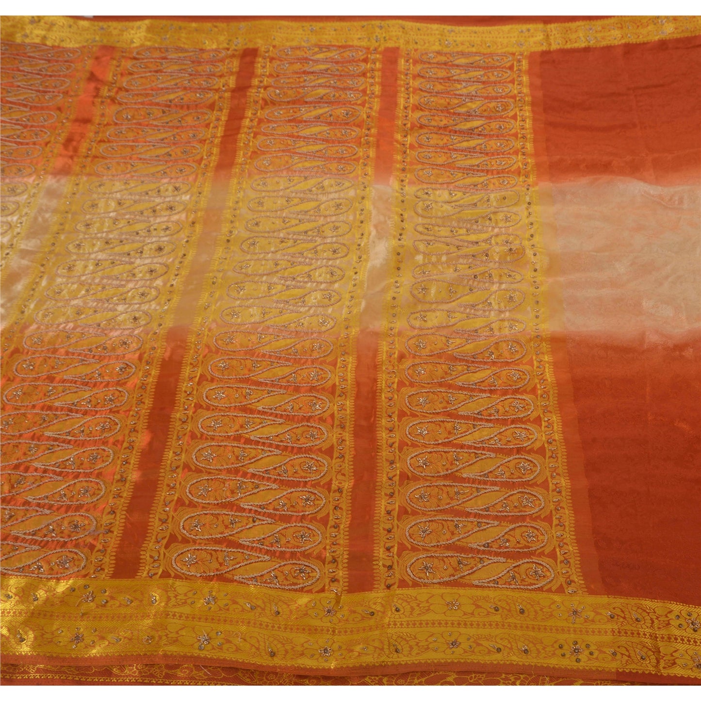 Vintage Orange Saree Art Silk Hand Beaded Craft 5 YD Fabric Ethnic Sari