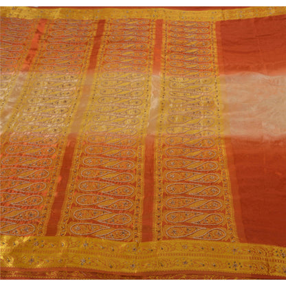 Vintage Orange Saree Art Silk Hand Beaded Craft 5 YD Fabric Ethnic Sari