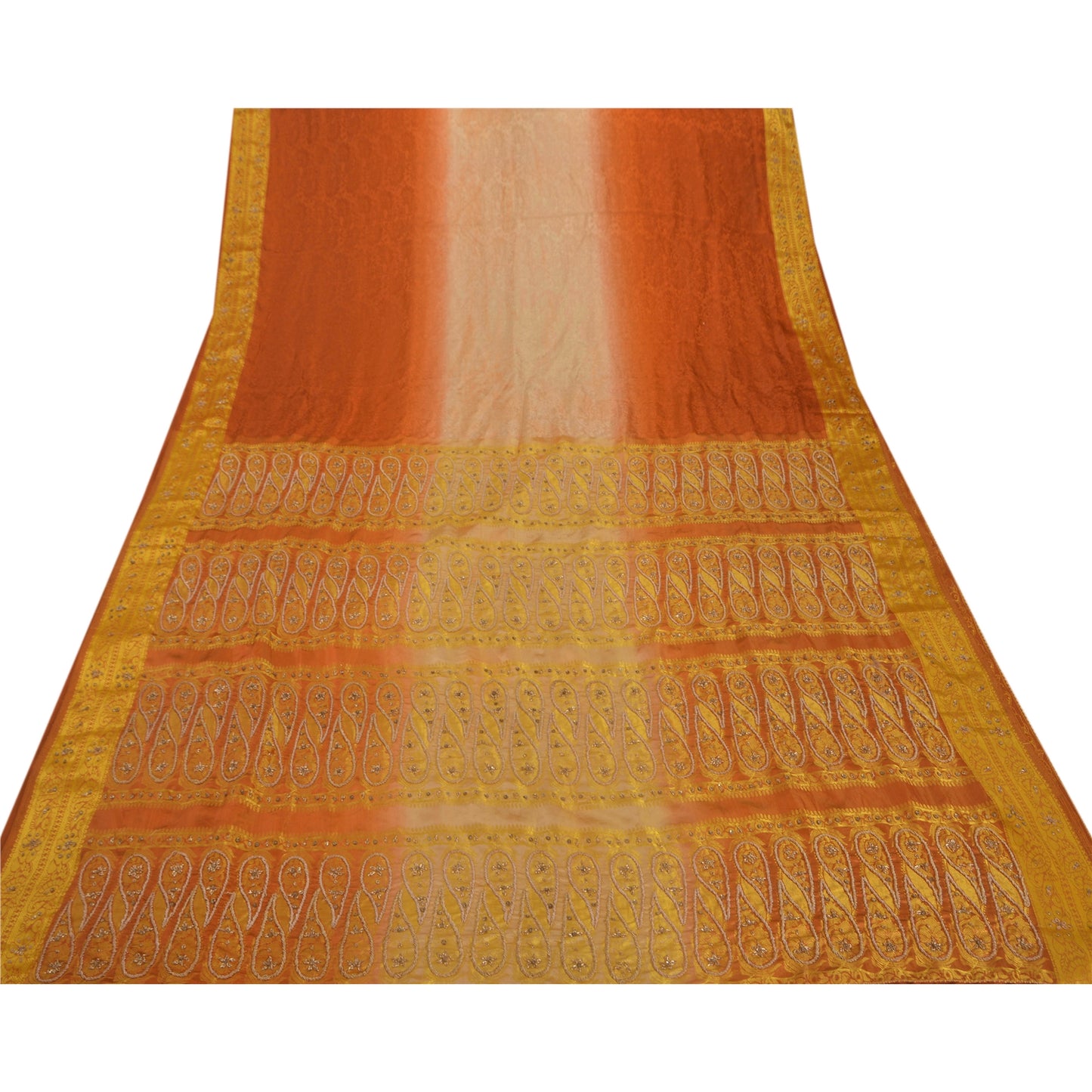 Vintage Orange Saree Art Silk Hand Beaded Craft 5 YD Fabric Ethnic Sari