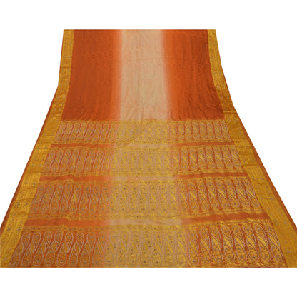 Vintage Orange Saree Art Silk Hand Beaded Craft 5 YD Fabric Ethnic Sari