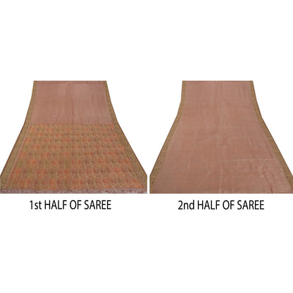 Sanskriti Vintage Pink Saree Pure Silk Woven Baluchari 5 YD Fabric Craft Sari