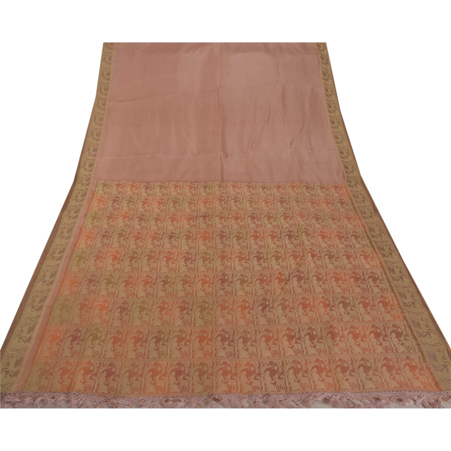 Sanskriti Vintage Pink Saree Pure Silk Woven Baluchari 5 YD Fabric Craft Sari