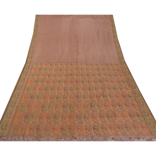 Sanskriti Vintage Pink Saree Pure Silk Woven Baluchari 5 YD Fabric Craft Sari