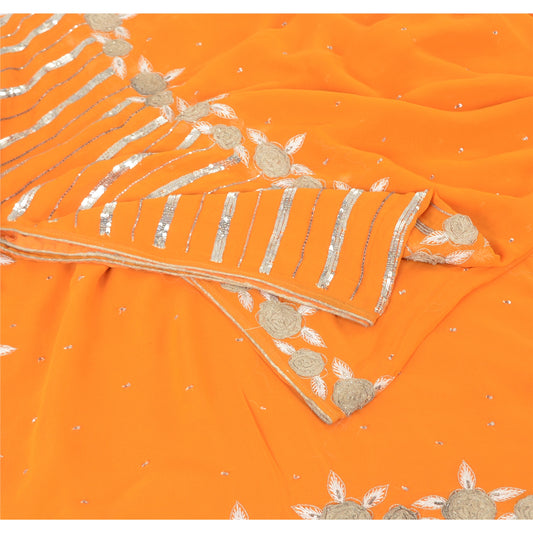 Sanskriti Vintage Neon Orange Pure Georgette Silk Sari Fabric: Hand Beaded Vintage Craft Crafters & Upcyclers, Indian Eco-Friendly Fabric