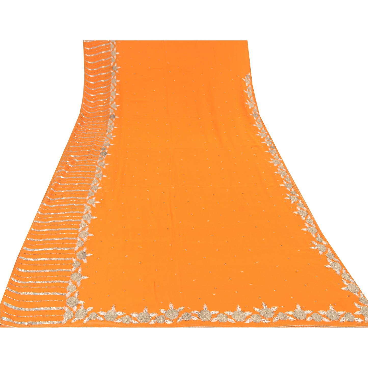Sanskriti Vintage Neon Orange Pure Georgette Silk Sari Fabric: Hand Beaded Vintage Craft Crafters & Upcyclers, Indian Eco-Friendly Fabric
