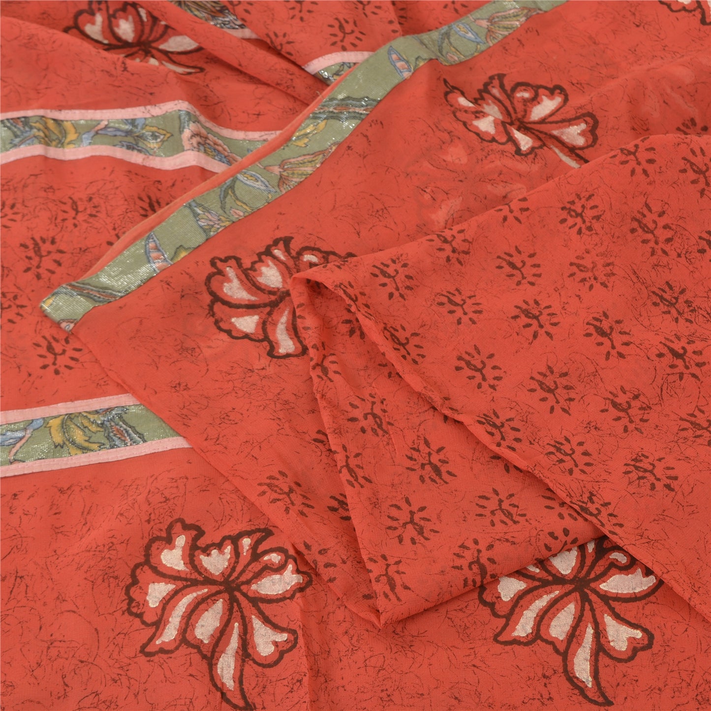 Sanskriti Vintage Red Sarees Pure Georgette Hand Print Embroidered Fabric Sari