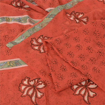 Sanskriti Vintage Red Sarees Pure Georgette Hand Print Embroidered Fabric Sari