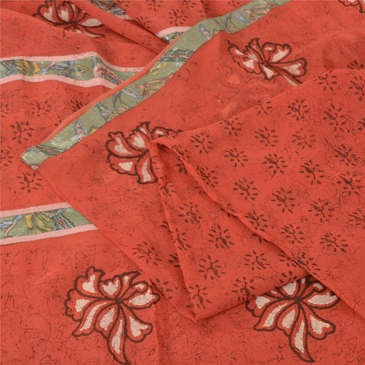 Sanskriti Vintage Red Sarees Pure Georgette Hand Print Embroidered Fabric Sari