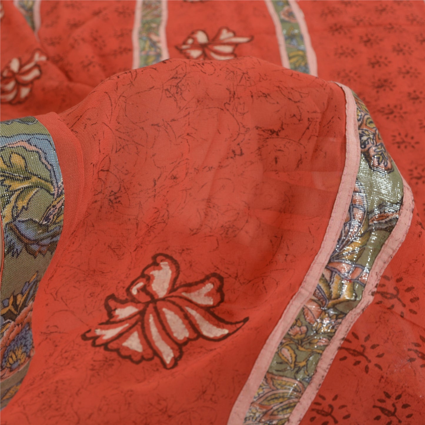 Sanskriti Vintage Red Sarees Pure Georgette Hand Print Embroidered Fabric Sari