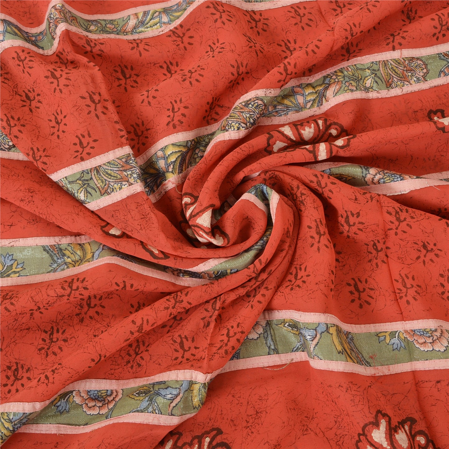 Sanskriti Vintage Red Sarees Pure Georgette Hand Print Embroidered Fabric Sari