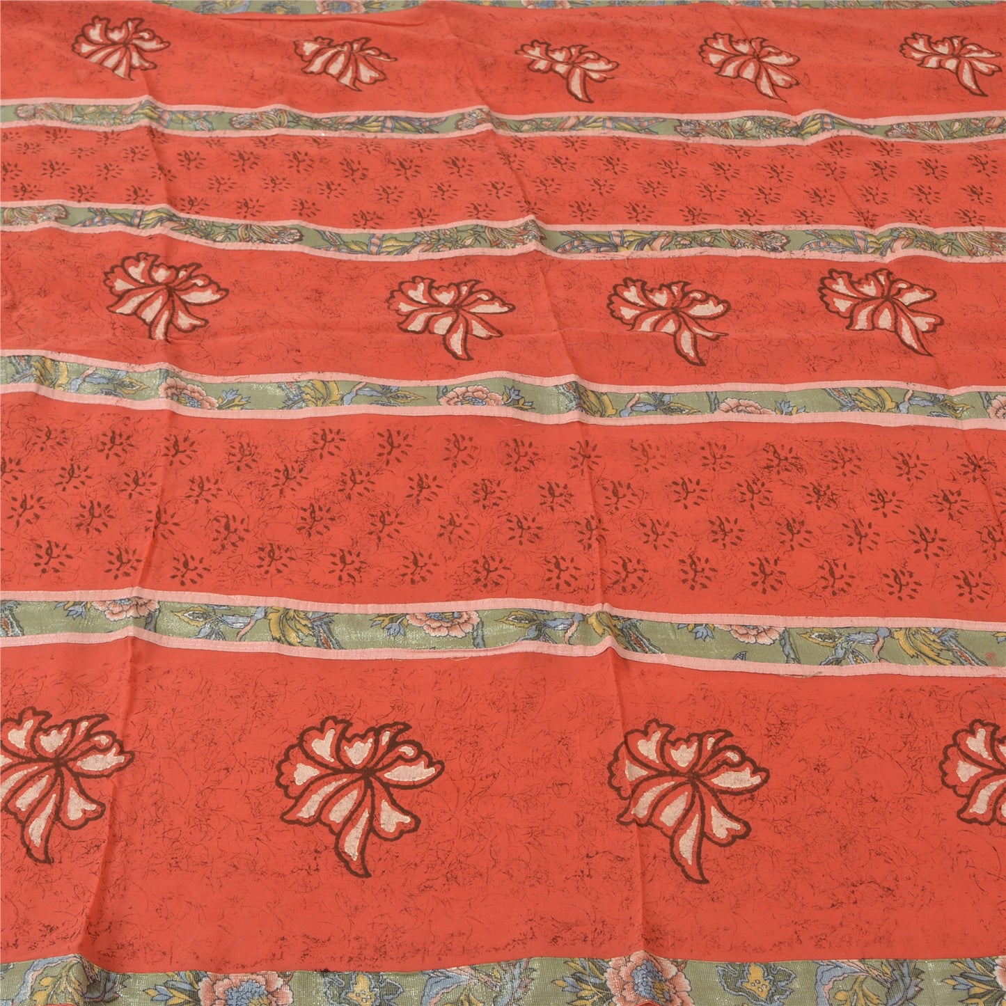 Sanskriti Vintage Red Sarees Pure Georgette Hand Print Embroidered Fabric Sari