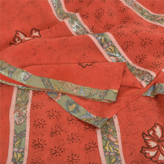 Sanskriti Vintage Red Sarees Pure Georgette Hand Print Embroidered Fabric Sari
