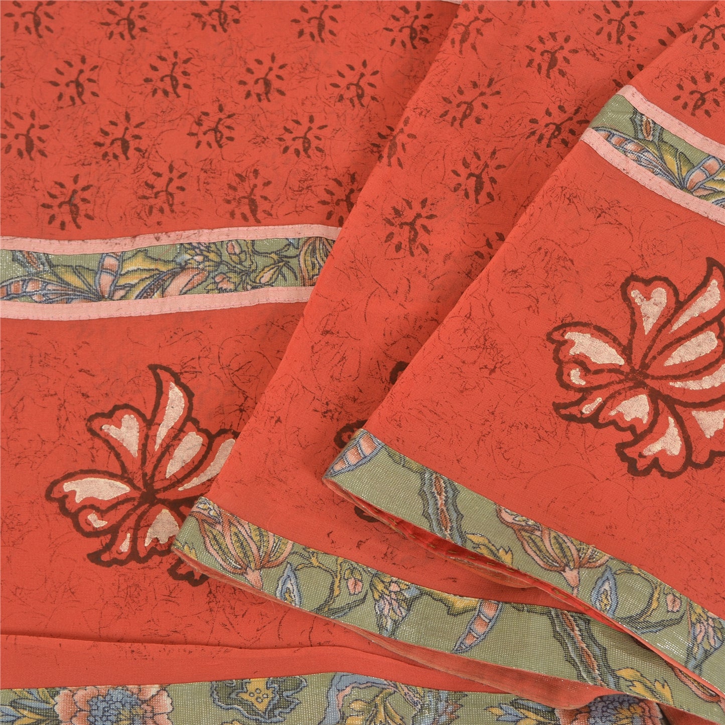 Sanskriti Vintage Red Sarees Pure Georgette Hand Print Embroidered Fabric Sari