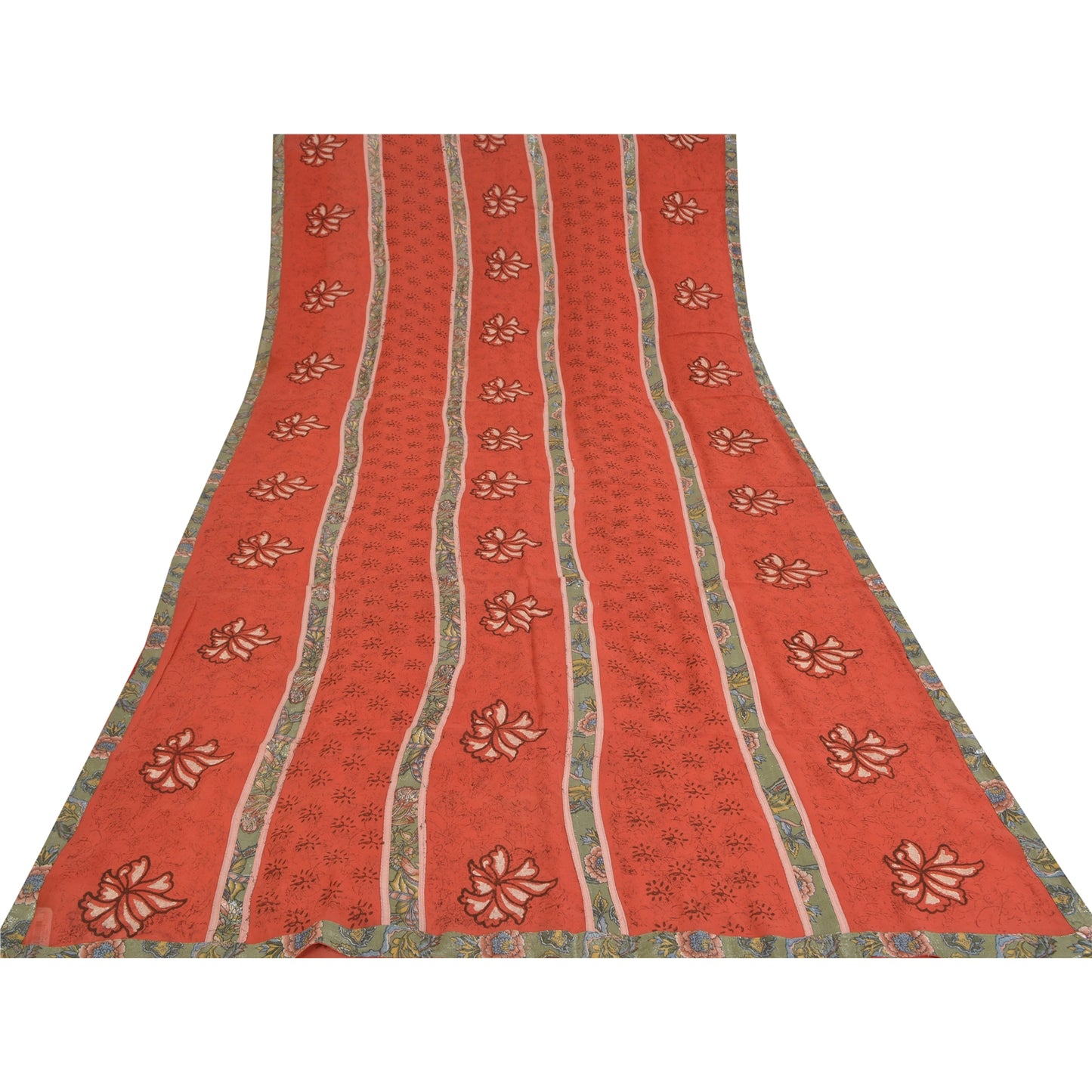 Sanskriti Vintage Red Sarees Pure Georgette Hand Print Embroidered Fabric Sari