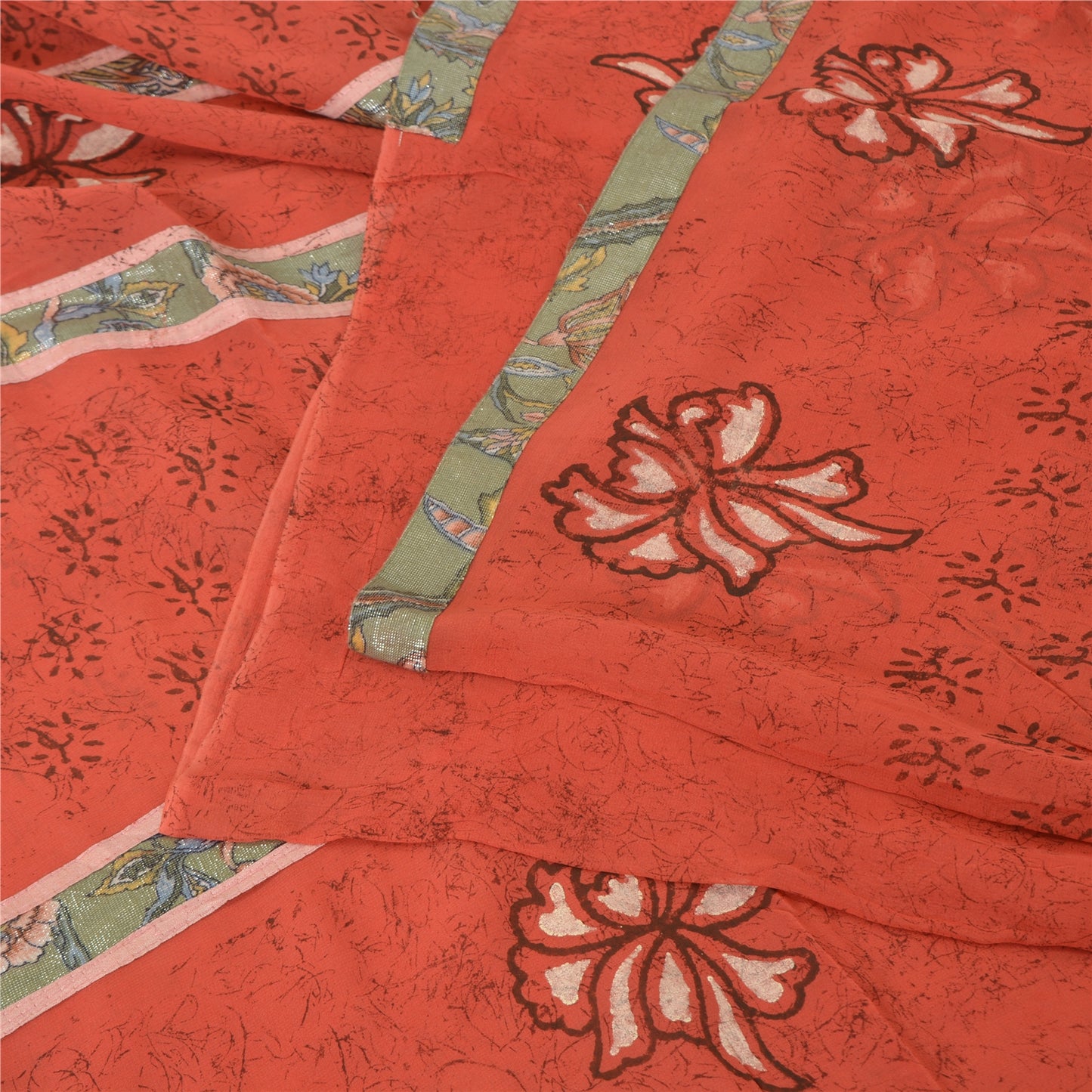 Sanskriti Vintage Red Sarees Pure Georgette Hand Print Embroidered Fabric Sari