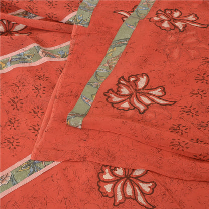 Sanskriti Vintage Red Sarees Pure Georgette Hand Print Embroidered Fabric Sari