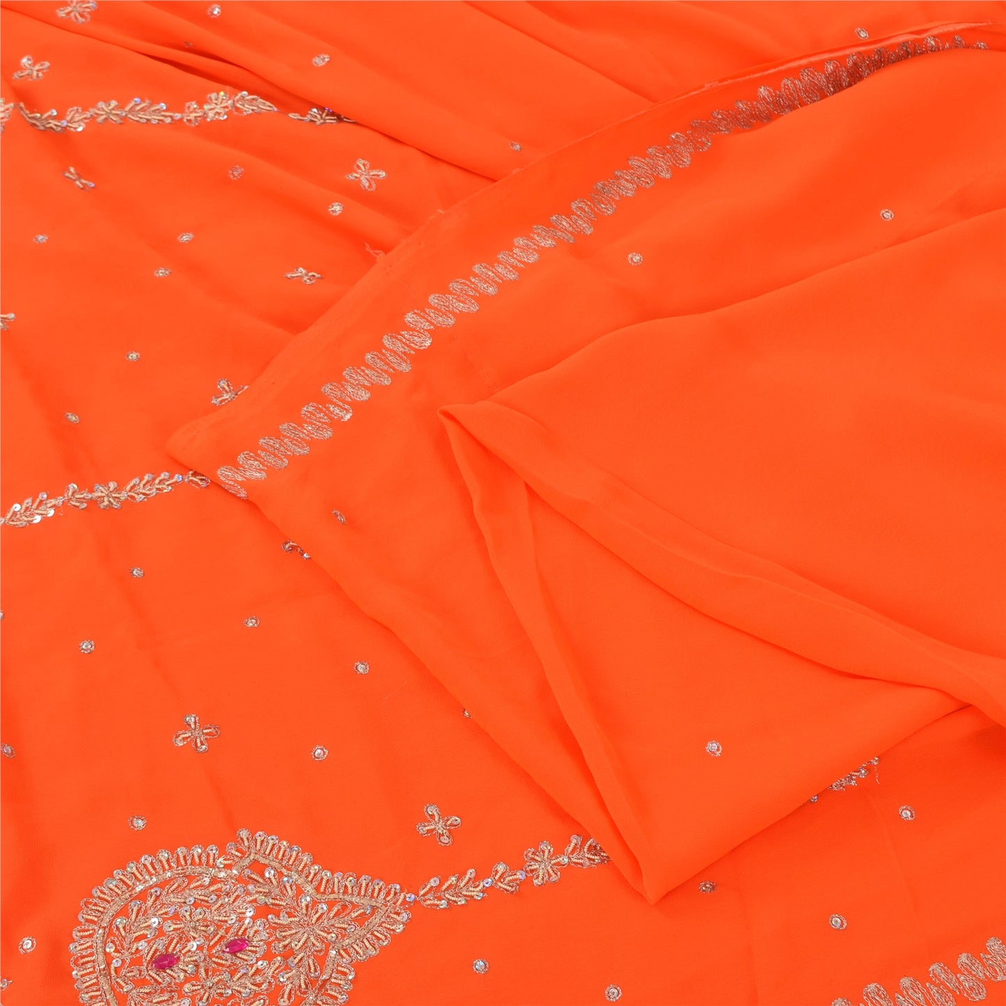 Sanskriti Vintage Orange Sarees Georgette Hand Beaded Premium Sari Craft Fabric