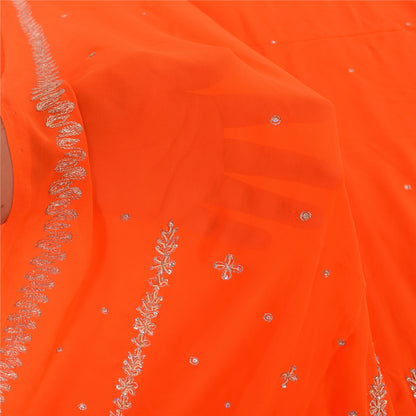 Sanskriti Vintage Orange Sarees Georgette Hand Beaded Premium Sari Craft Fabric