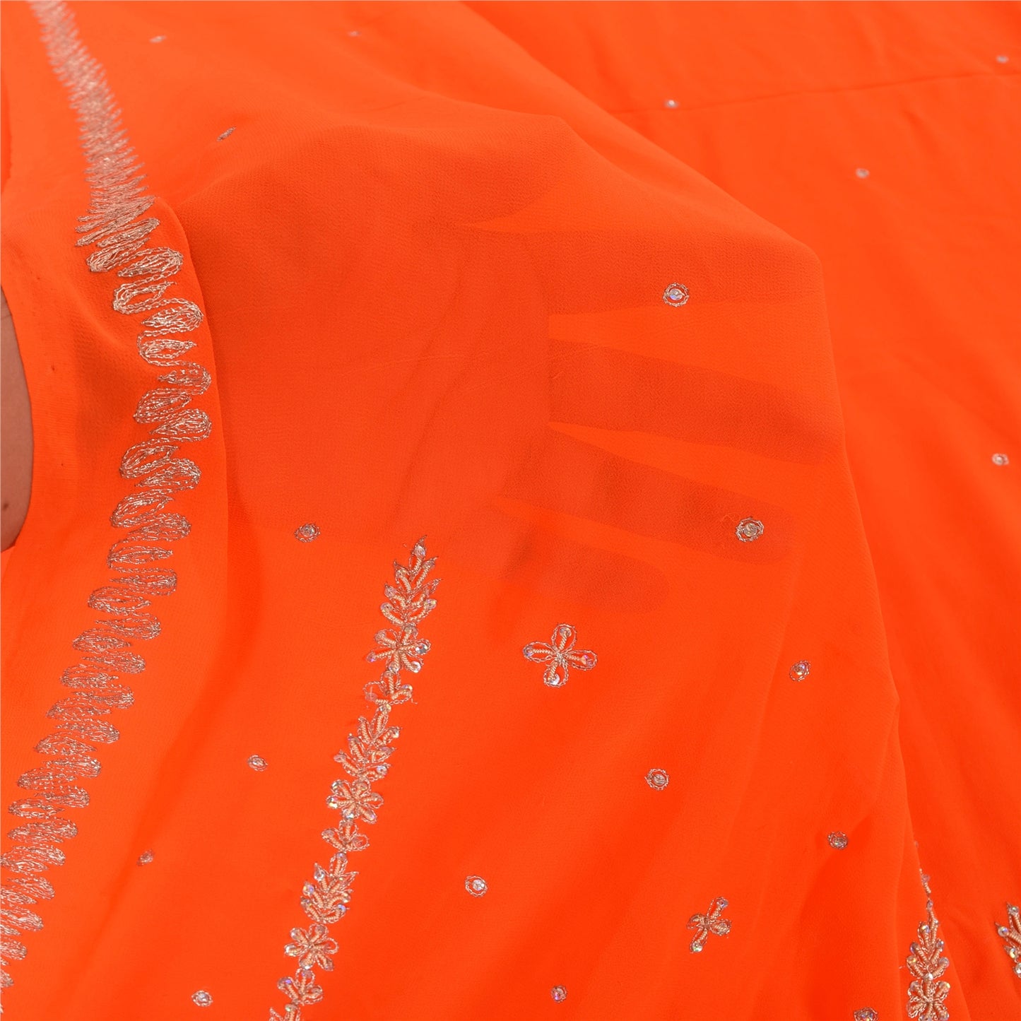 Sanskriti Vintage Orange Sarees Georgette Hand Beaded Premium Sari Craft Fabric