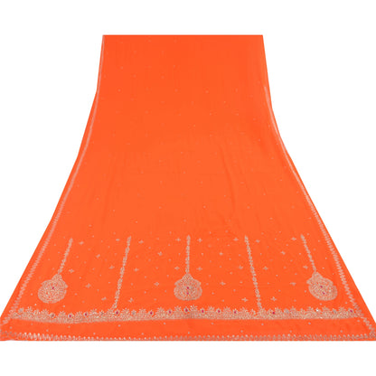 Sanskriti Vintage Orange Sarees Georgette Hand Beaded Premium Sari Craft Fabric