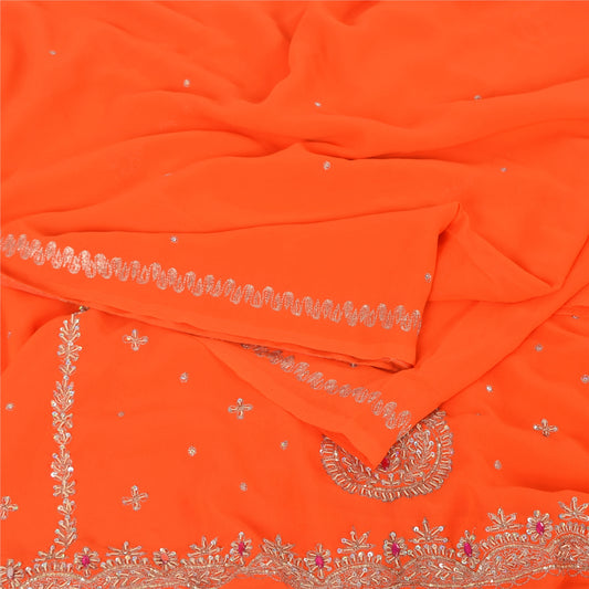 Sanskriti Vintage Orange Sarees Georgette Hand Beaded Premium Sari Craft Fabric