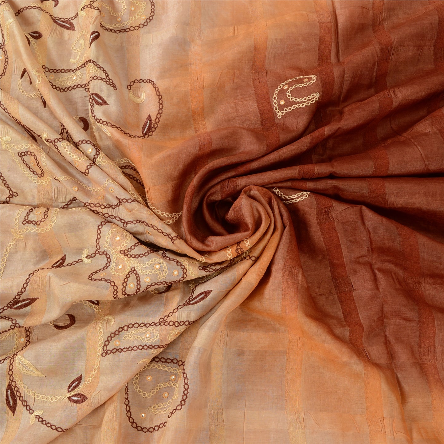 Sanskriti Vintage Brown Sarees Pure Silk Hand Beaded Mirror Sari Craft Fabric
