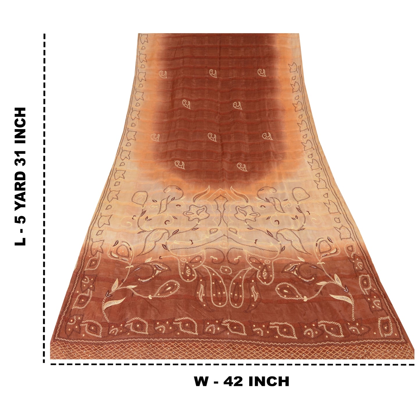 Sanskriti Vintage Brown Sarees Pure Silk Hand Beaded Mirror Sari Craft Fabric