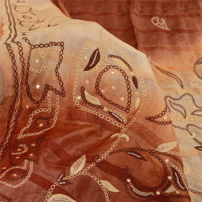 Sanskriti Vintage Brown Sarees Pure Silk Hand Beaded Mirror Sari Craft Fabric