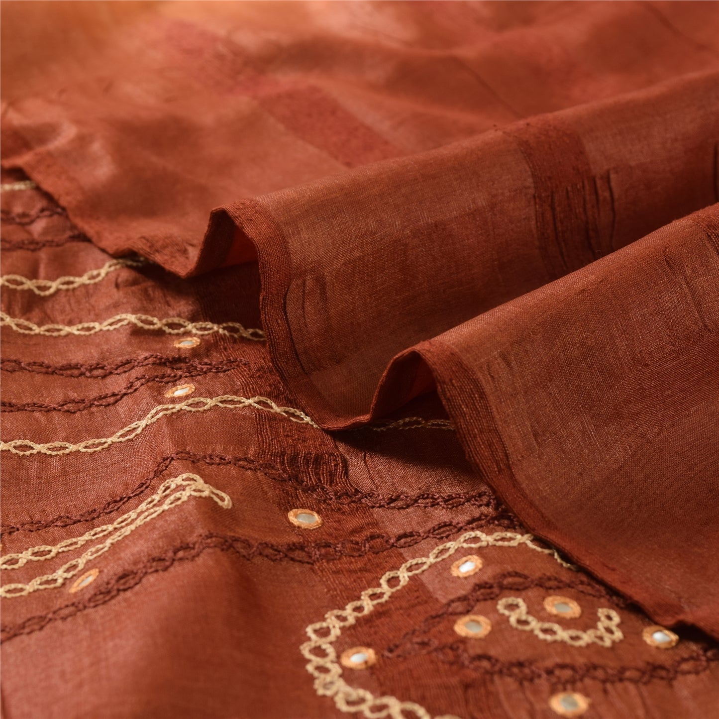 Sanskriti Vintage Brown Sarees Pure Silk Hand Beaded Mirror Sari Craft Fabric