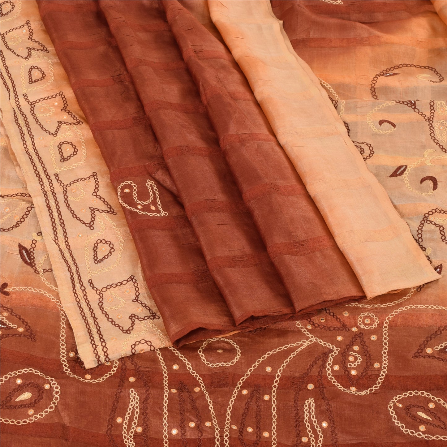 Sanskriti Vintage Brown Sarees Pure Silk Hand Beaded Mirror Sari Craft Fabric