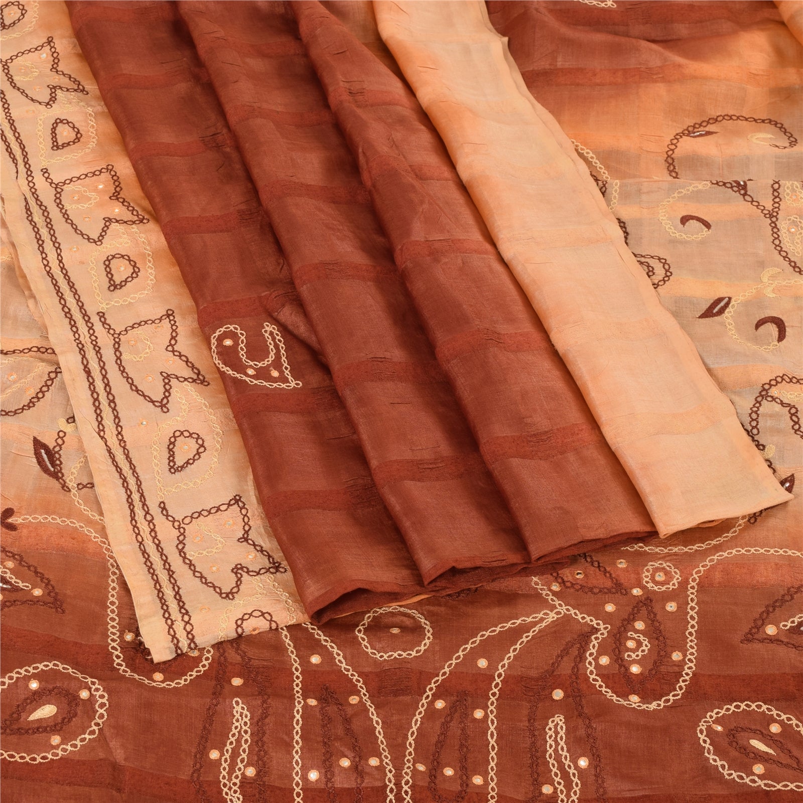 Sanskriti Vintage Brown Sarees Pure Silk Hand Beaded Mirror Sari Craft Fabric