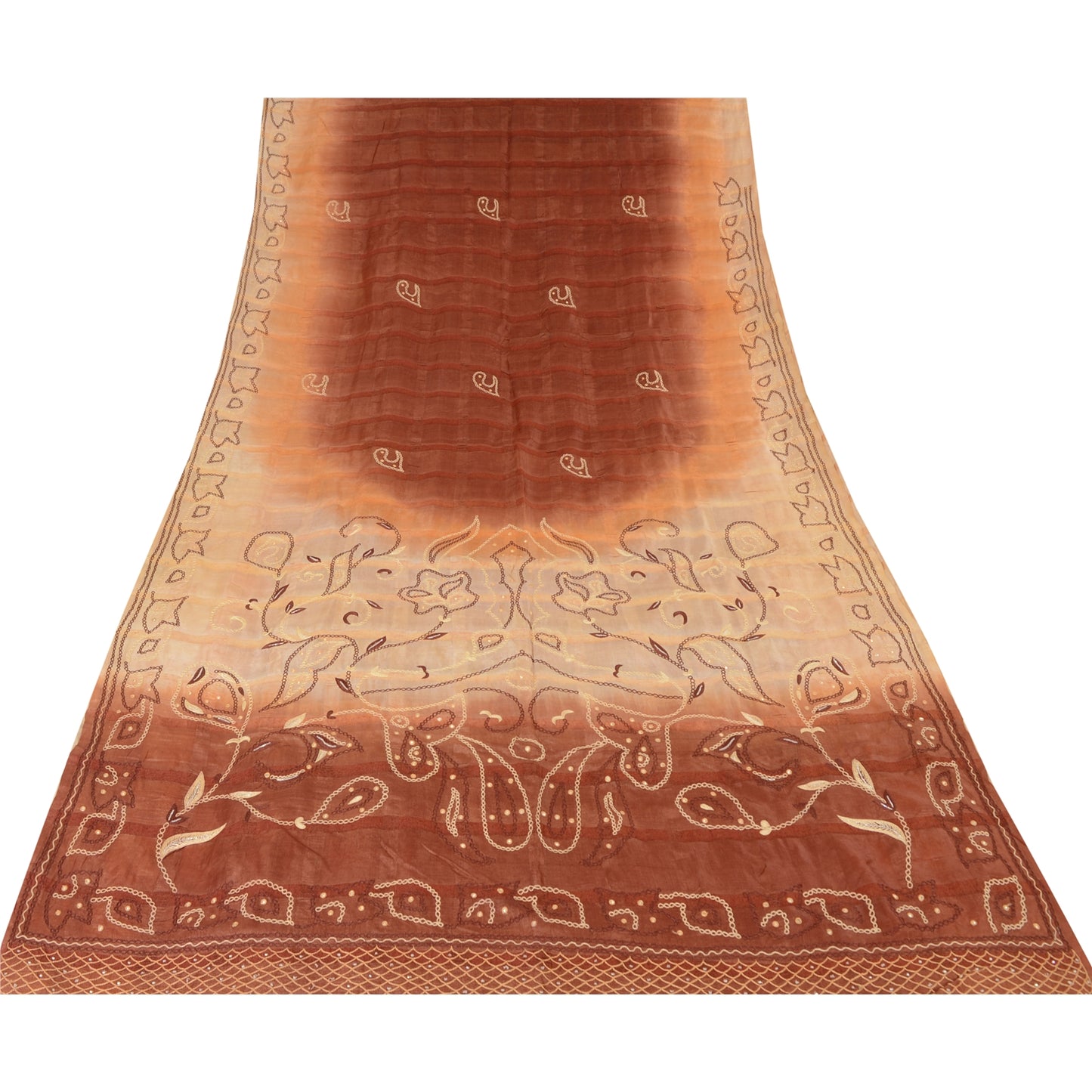Sanskriti Vintage Brown Sarees Pure Silk Hand Beaded Mirror Sari Craft Fabric