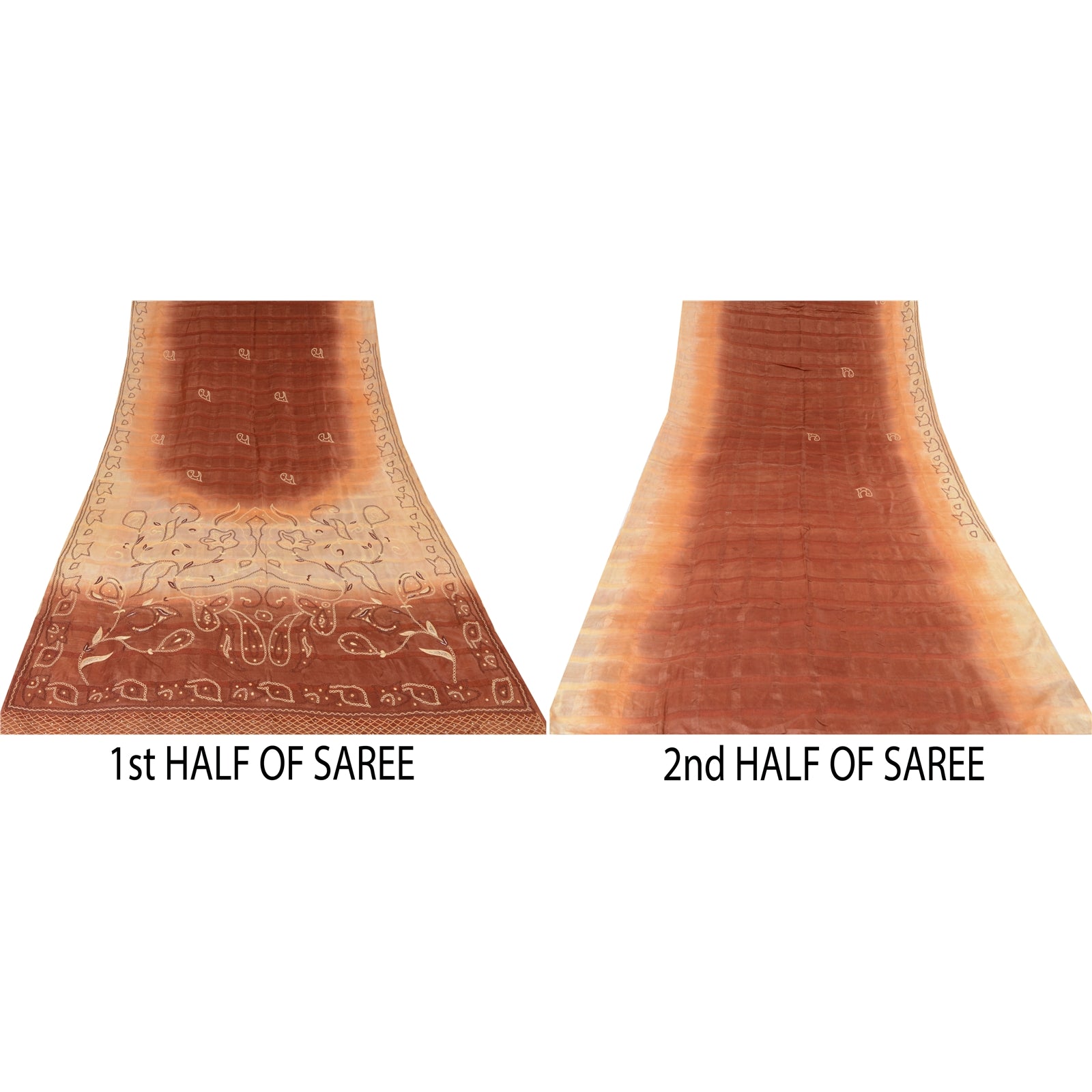 Sanskriti Vintage Brown Sarees Pure Silk Hand Beaded Mirror Sari Craft Fabric