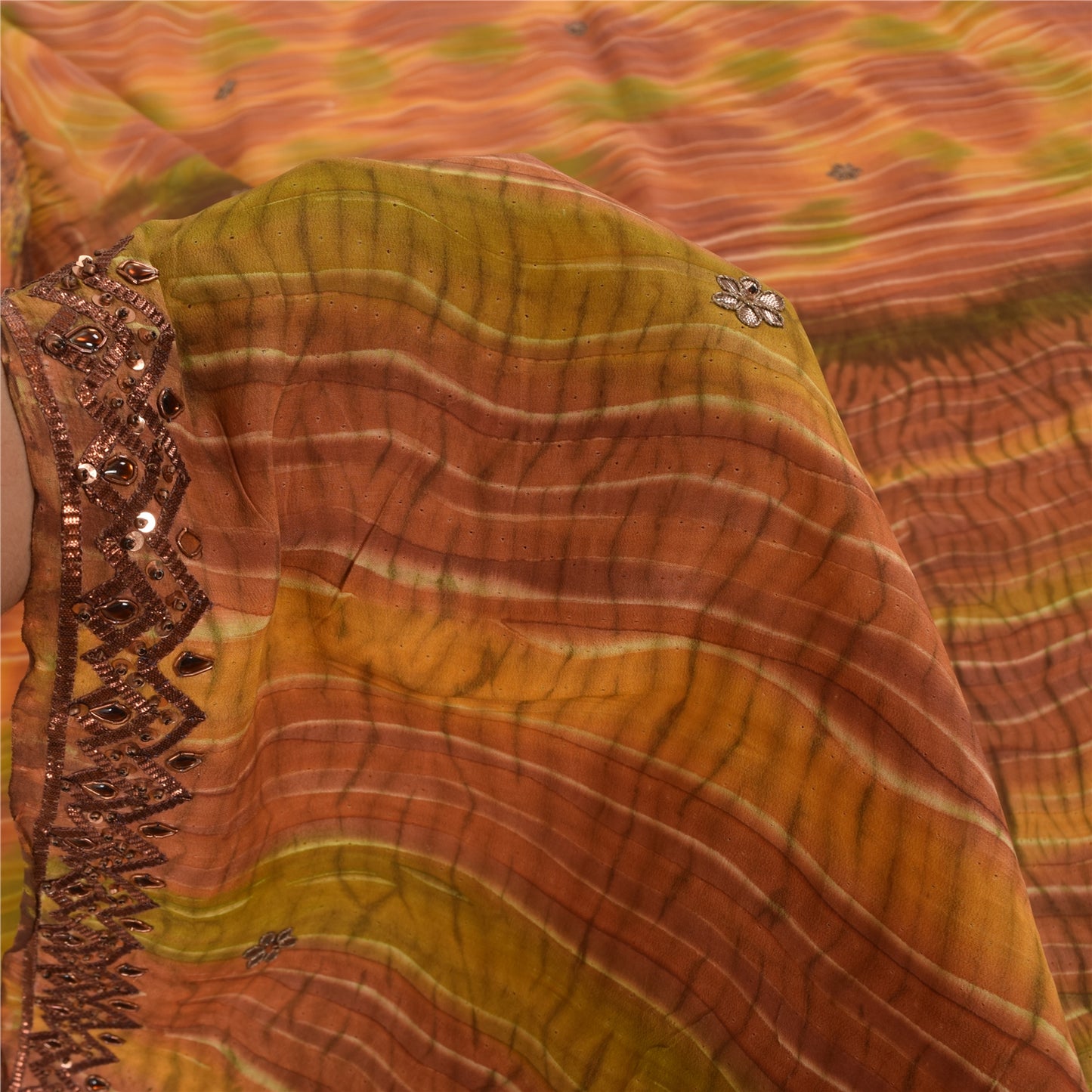 Sanskriti Vintage Saree Pure Crepe Silk Hand Beaded Premium Leheria Sari Fabric