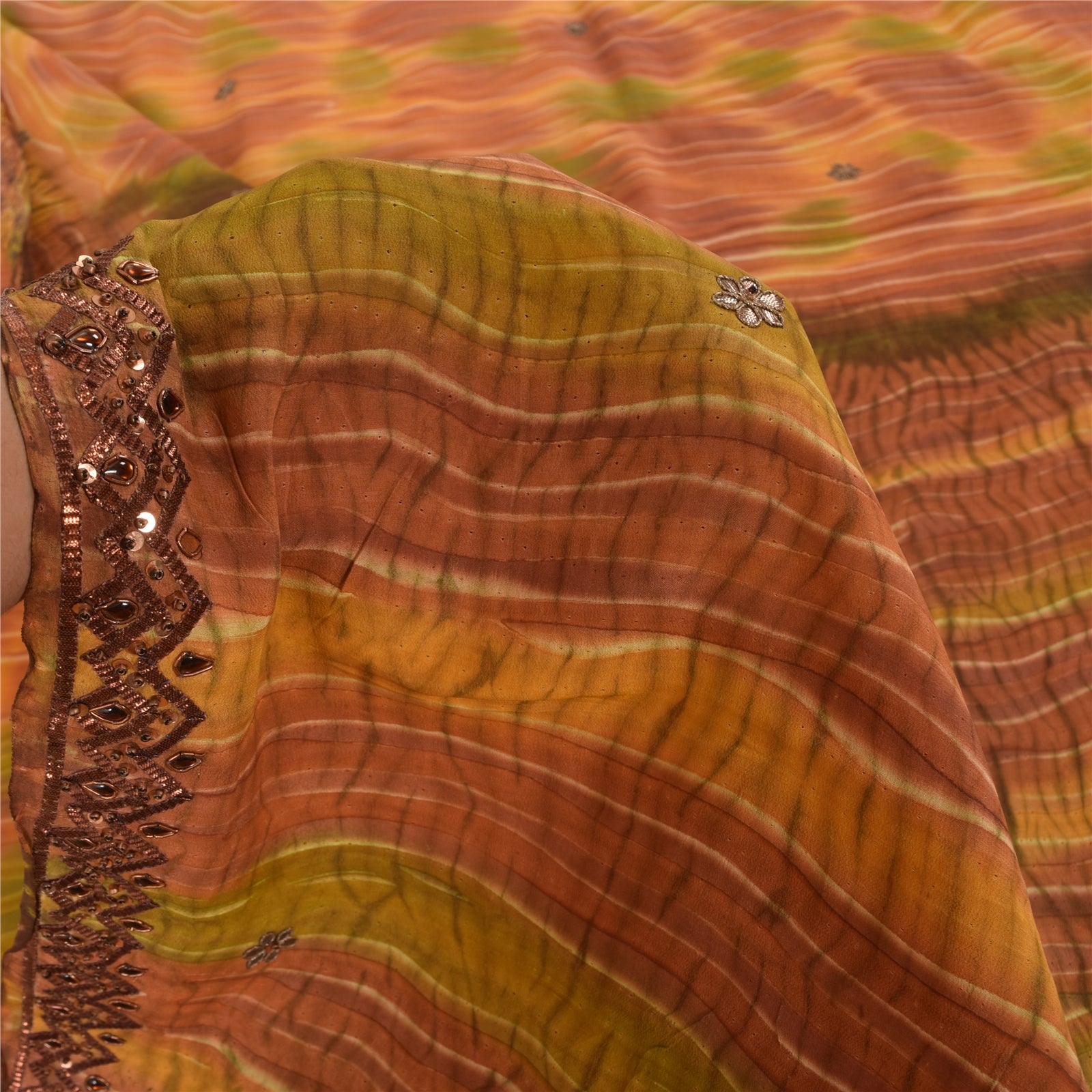 Sanskriti Vintage Saree Pure Crepe Silk Hand Beaded Premium Leheria Sari Fabric