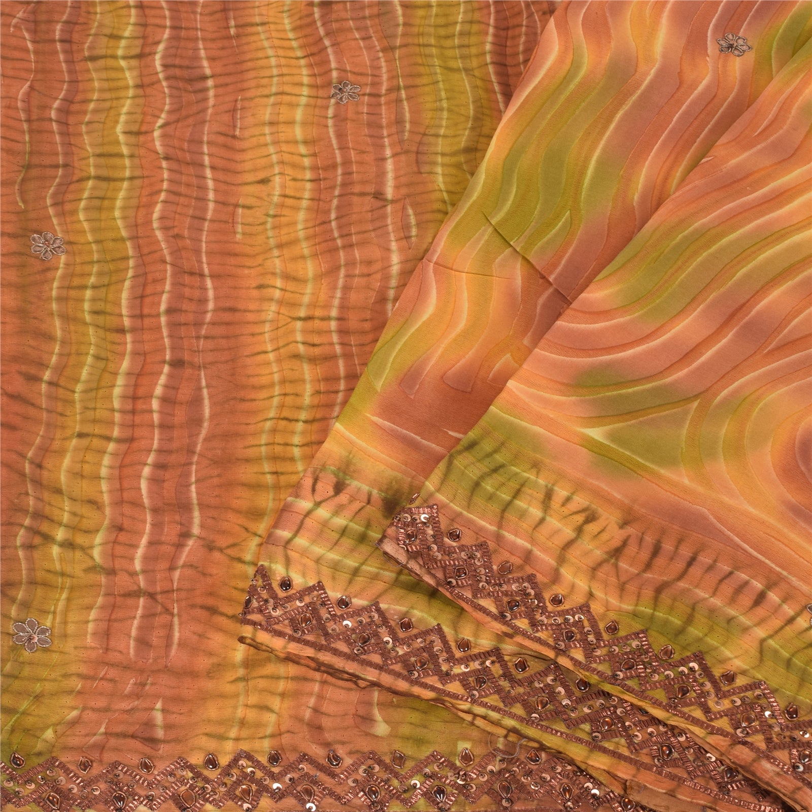 Sanskriti Vintage Saree Pure Crepe Silk Hand Beaded Premium Leheria Sari Fabric