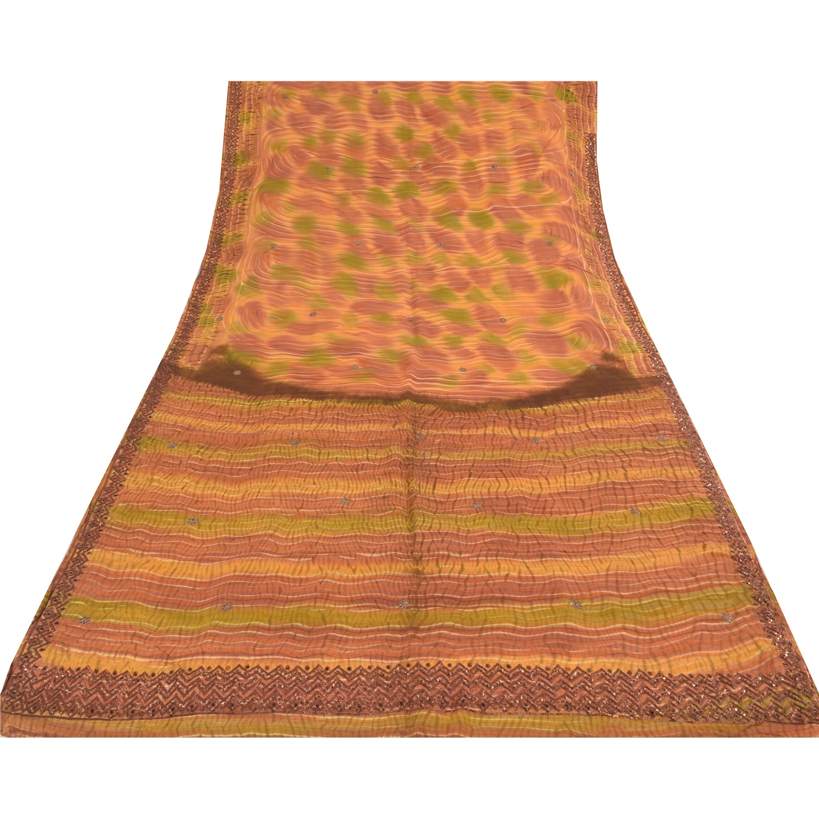 Sanskriti Vintage Saree Pure Crepe Silk Hand Beaded Premium Leheria Sari Fabric