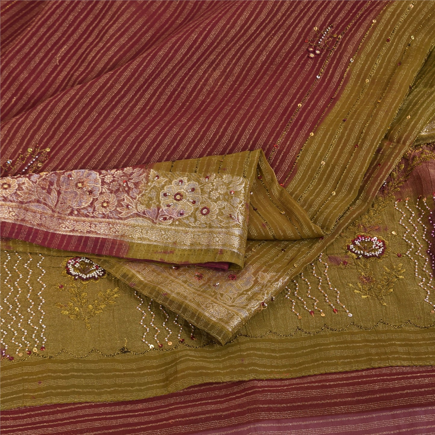 Sanskriti Vintage Green Sarees Georgette Hand Beaded Woven Craft Fabric Sari