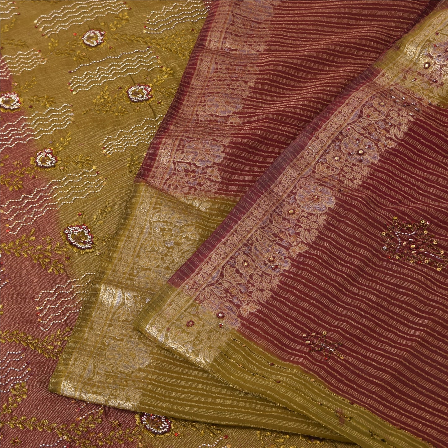 Sanskriti Vintage Green Sarees Georgette Hand Beaded Woven Craft Fabric Sari