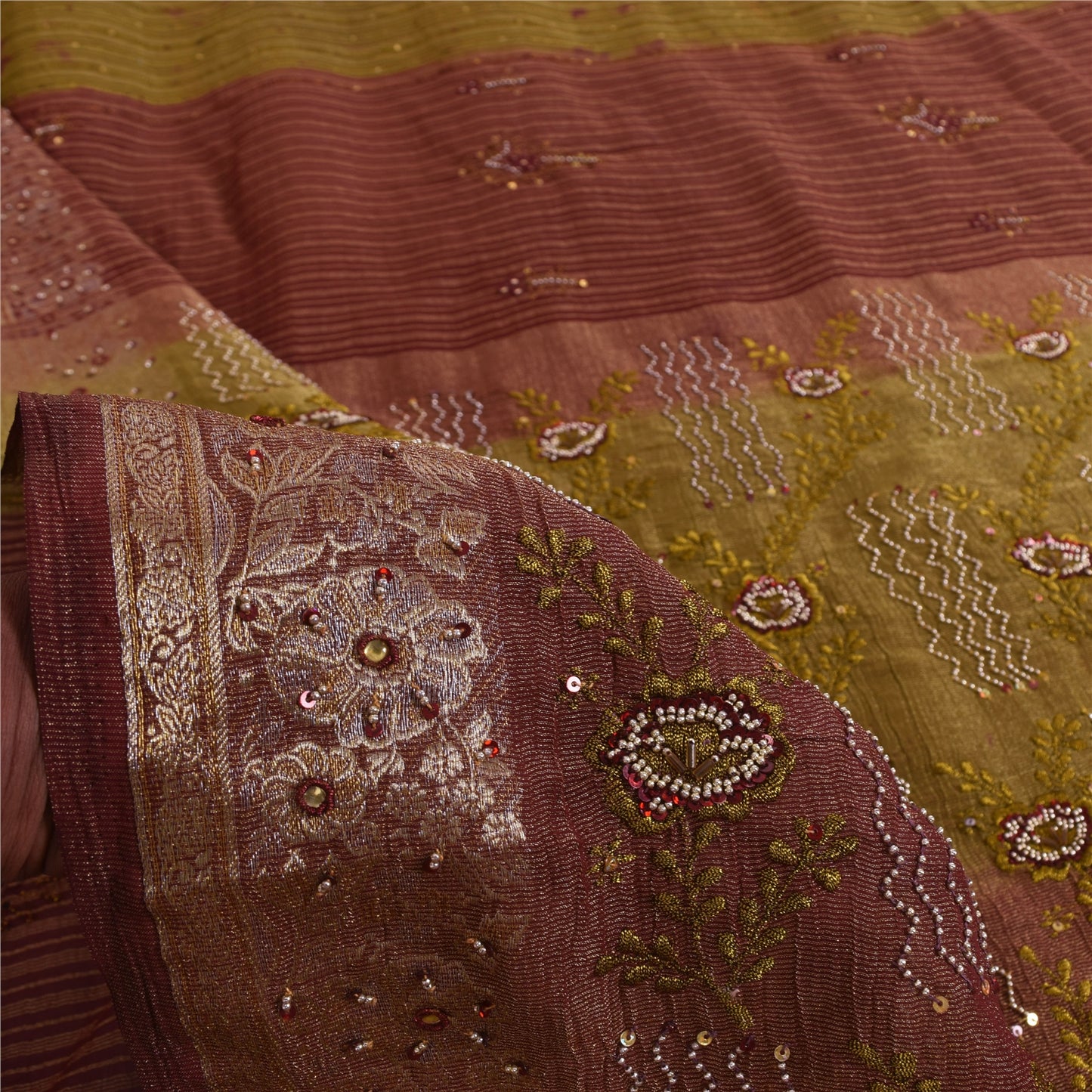 Sanskriti Vintage Green Sarees Georgette Hand Beaded Woven Craft Fabric Sari