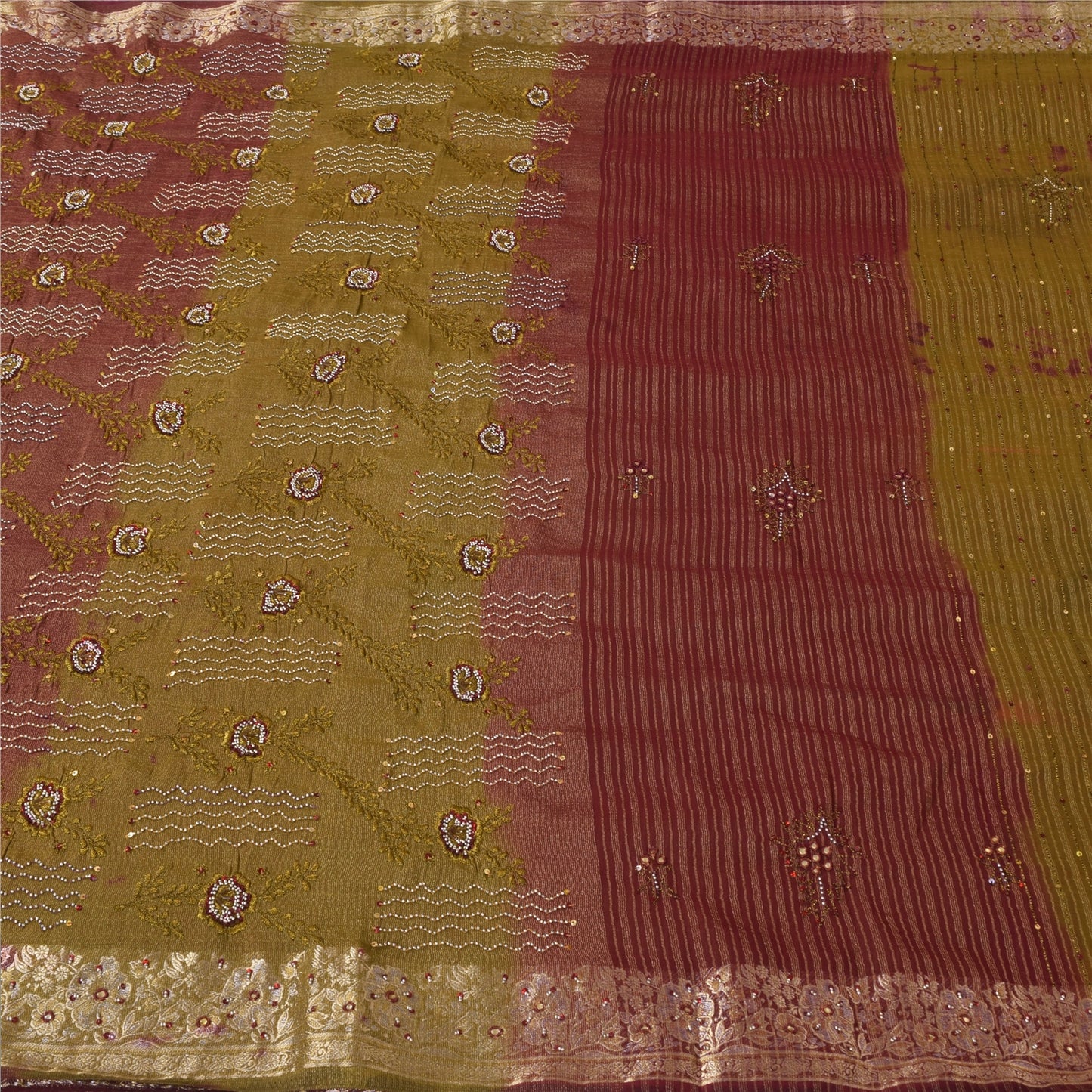 Sanskriti Vintage Green Sarees Georgette Hand Beaded Woven Craft Fabric Sari