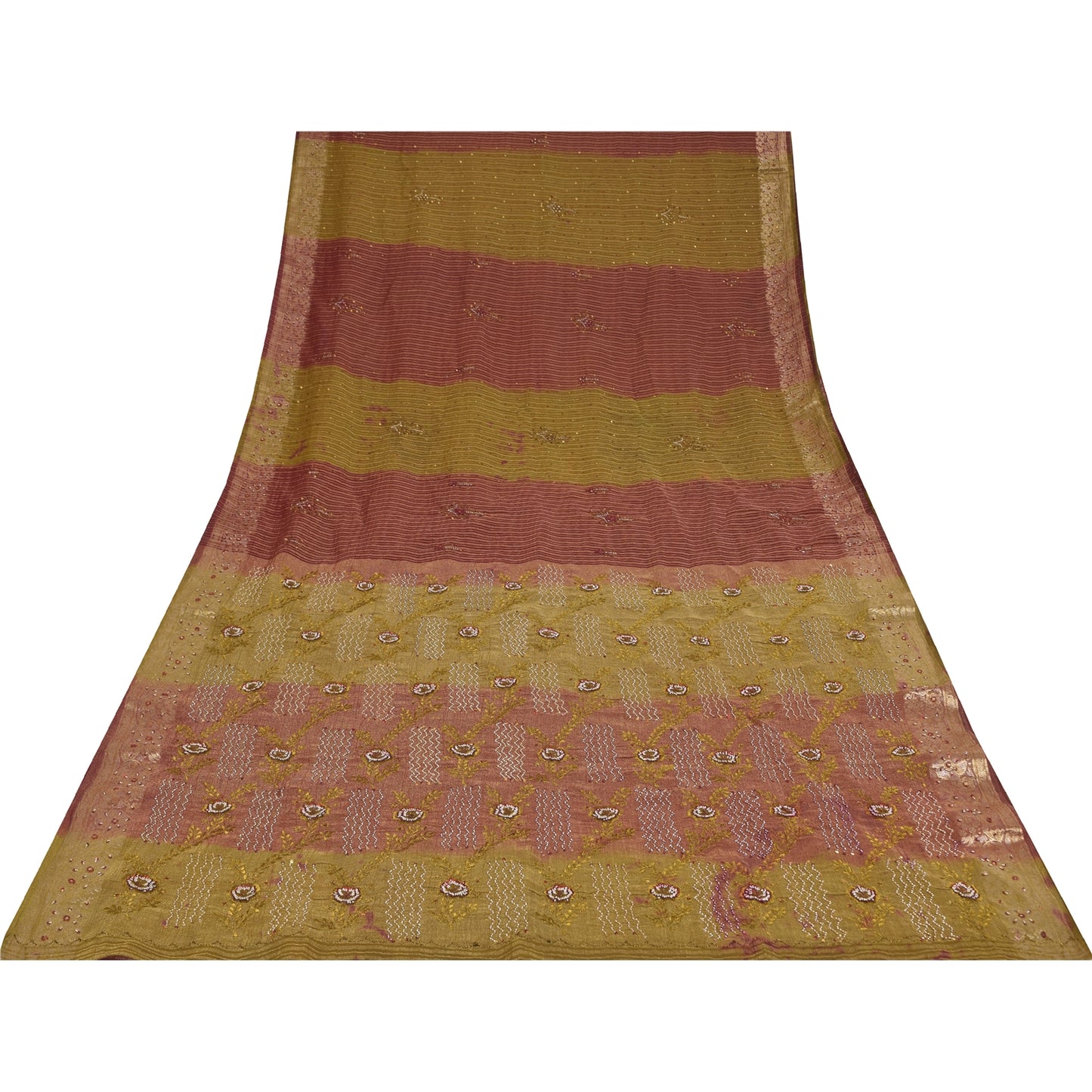 Sanskriti Vintage Green Sarees Georgette Hand Beaded Woven Craft Fabric Sari