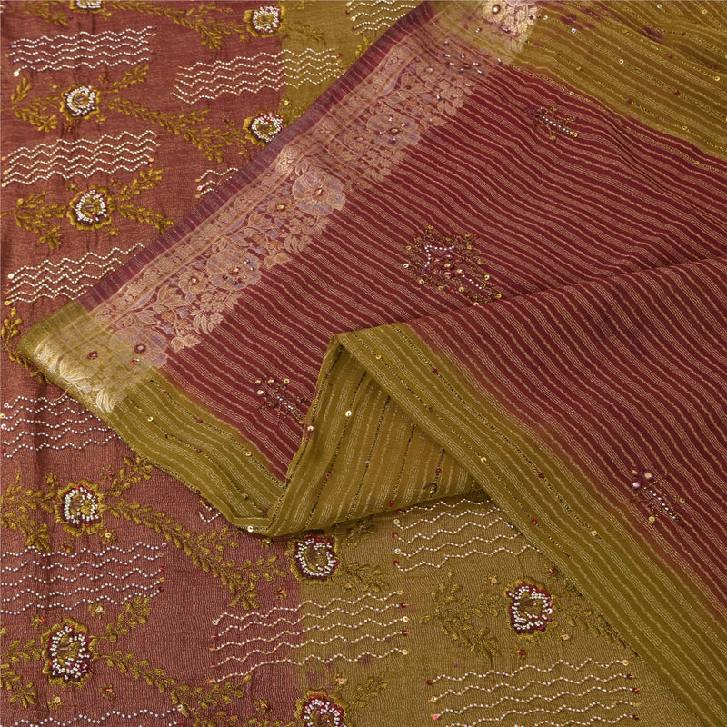 Sanskriti Vintage Green Sarees Georgette Hand Beaded Woven Craft Fabric Sari