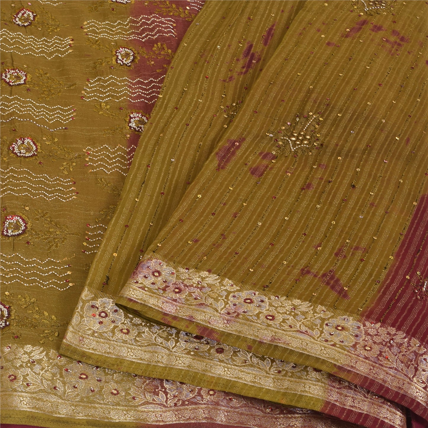 Sanskriti Vintage Green Sarees Georgette Hand Beaded Woven Craft Fabric Sari