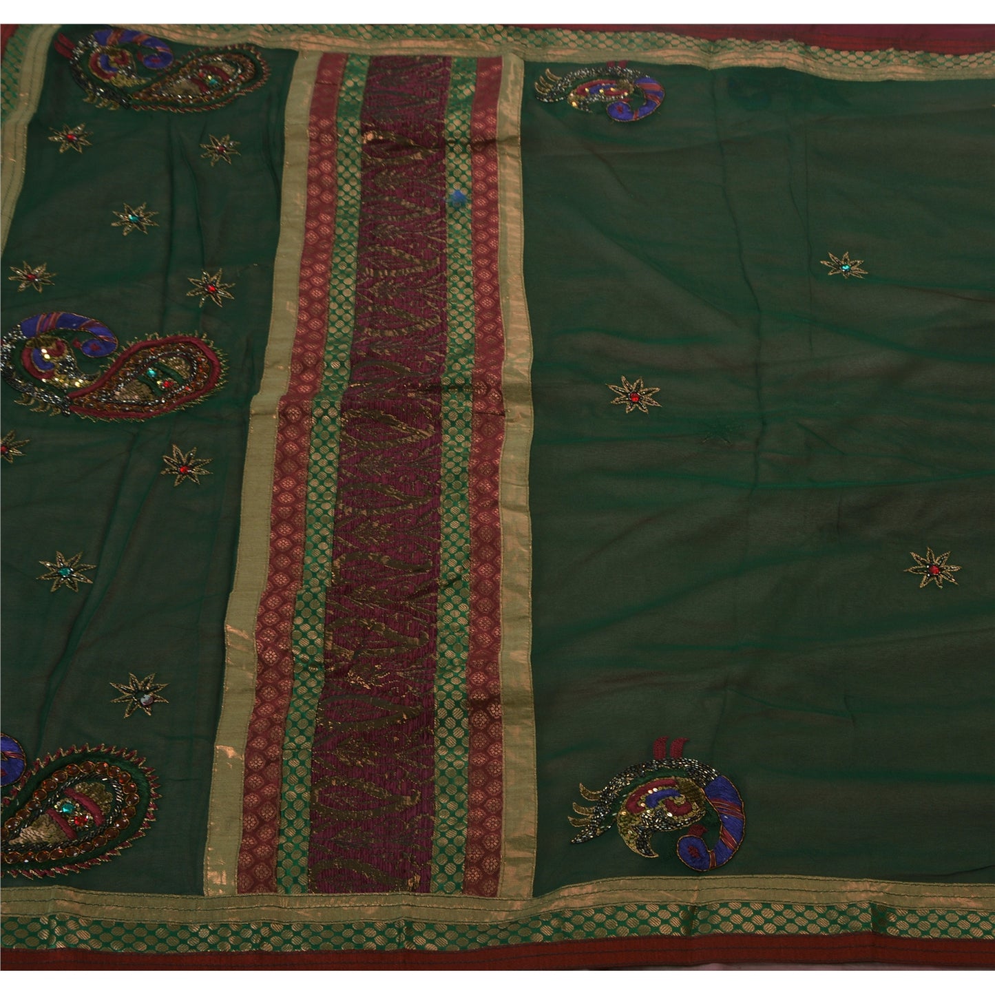 Sanskriti Vintage Green Sarees Hand Beaded Georgette Craft Fabric Premium Sari